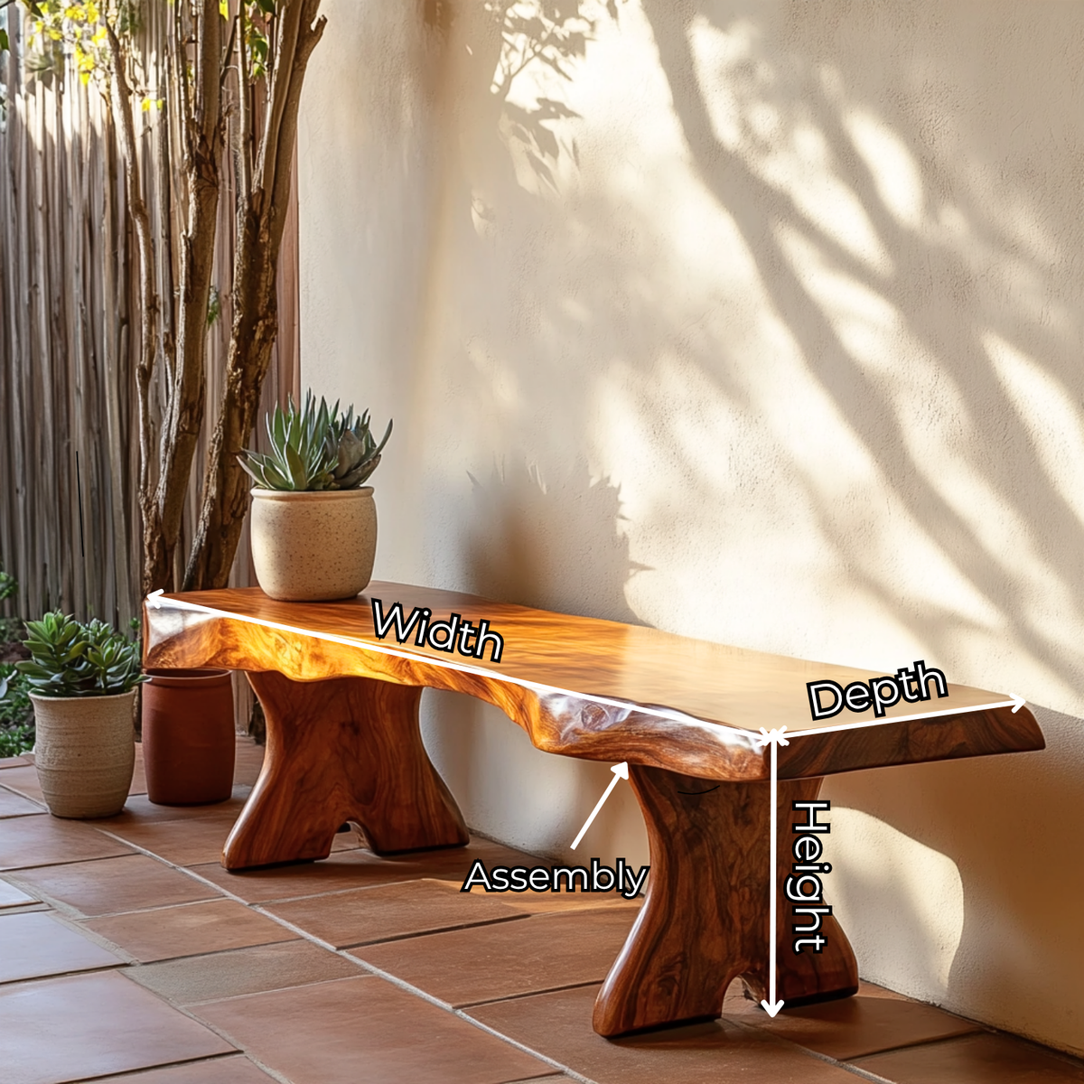 Natural Live Edge Wood Bench with Sculptural Solid Wood Legs