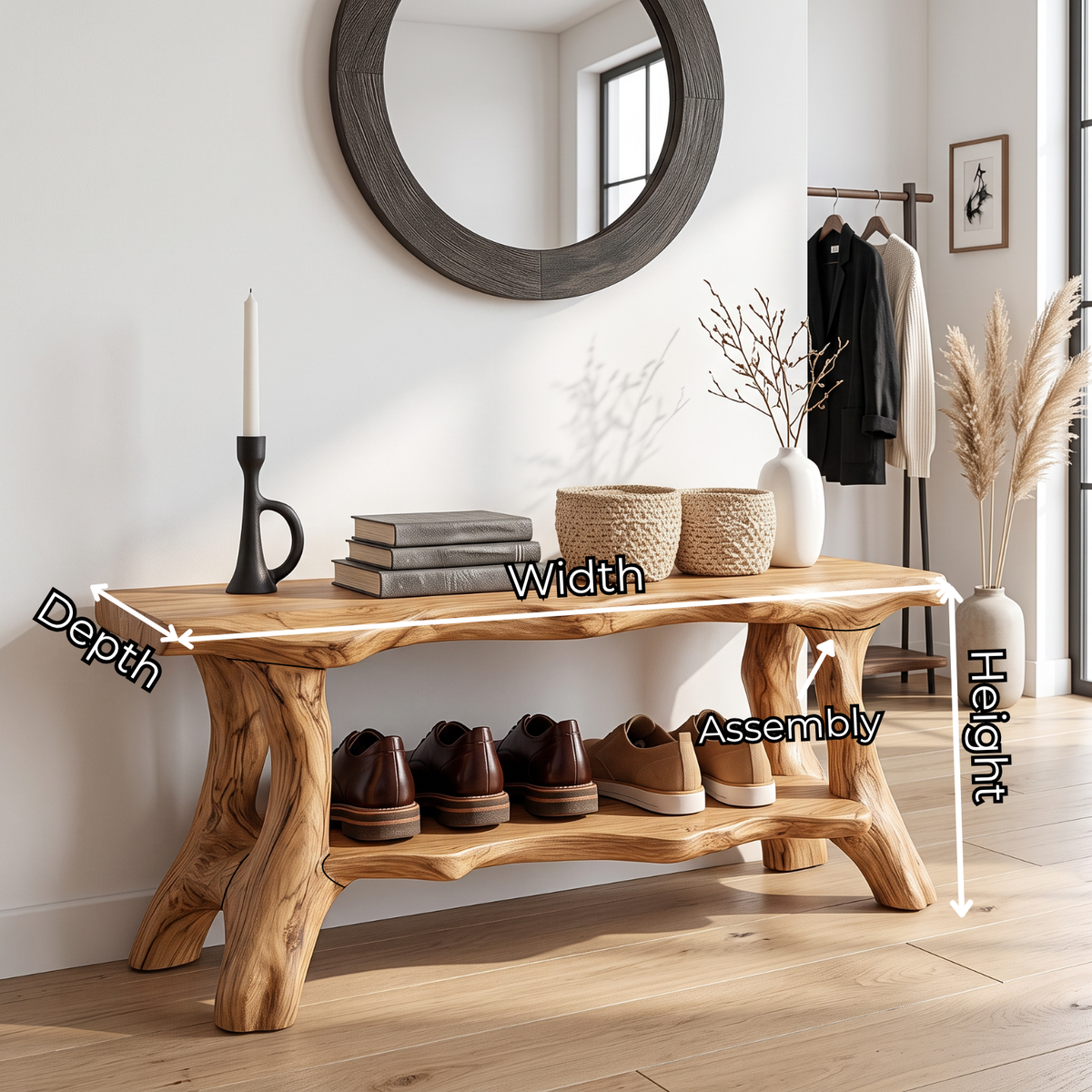 Organic Solid Wood Shoe Bench with Live Edge Seat and Open Storage Shelf