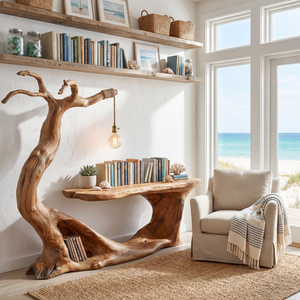 Sculptural Solid Wood Desk with Integrated Hanging Lamp and Open Shelf, Organic Writing Table, Artistic Reading Workspace