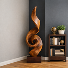 Tall Solid Wood Spiral Flame Sculpture with Plinth for Modern Interiors