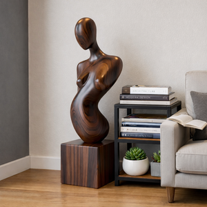 Solid Wood Abstract Female Form Sculpture with Plinth for Modern Interiors