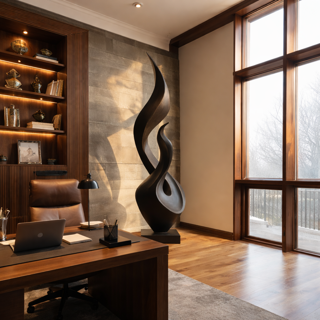 Tall Solid Wood Flame Floor Sculpture for Modern Interiors