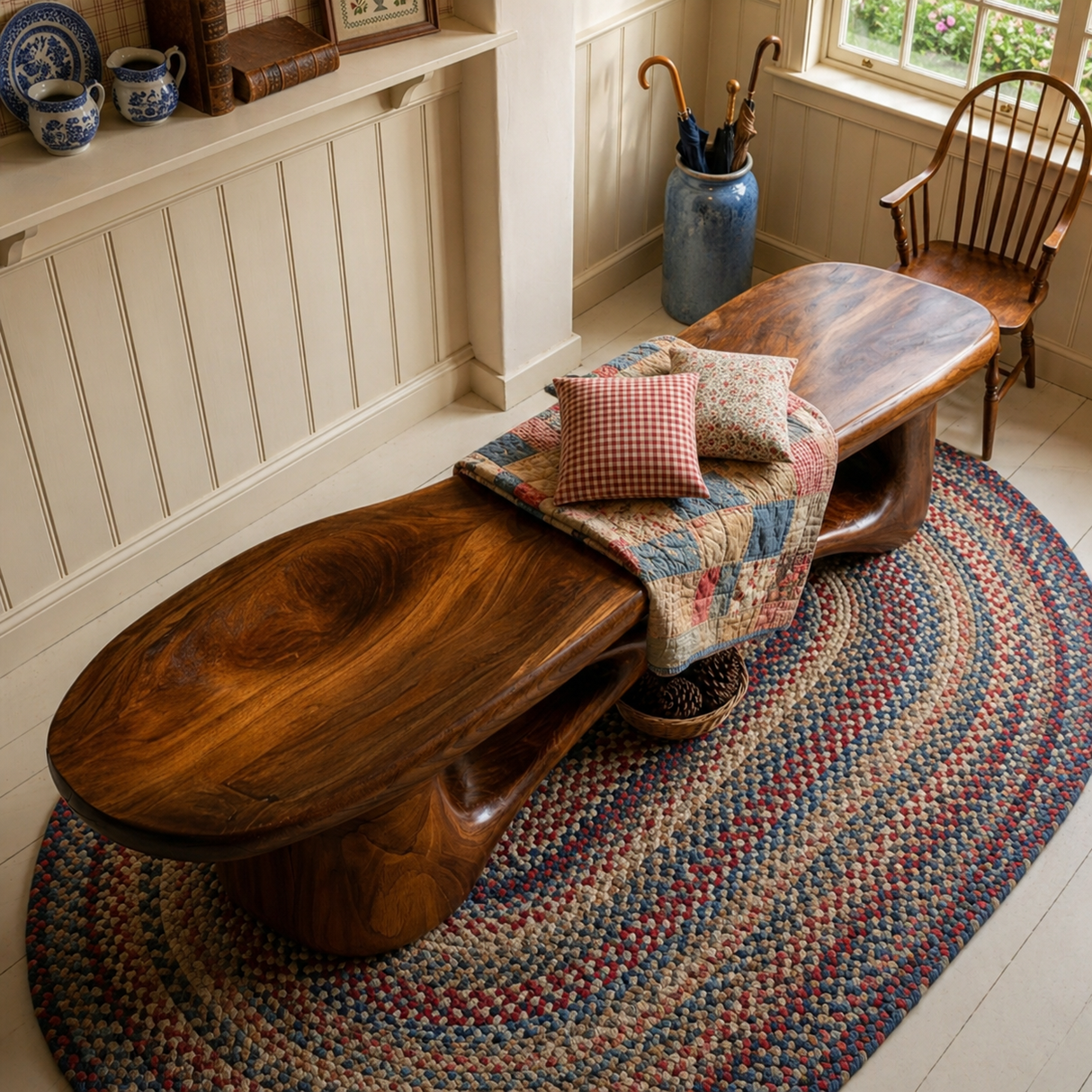 Sculptural Solid Wood Entryway Bench with Flowing Open Base Design