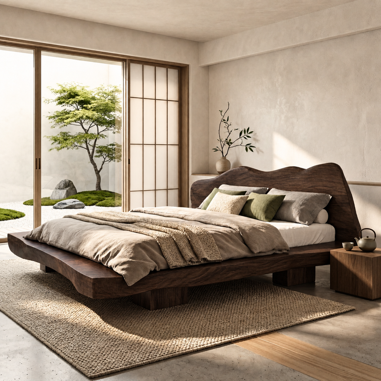 Solid Wood Platform Bed with Live Edge Headboard for Bedroom
