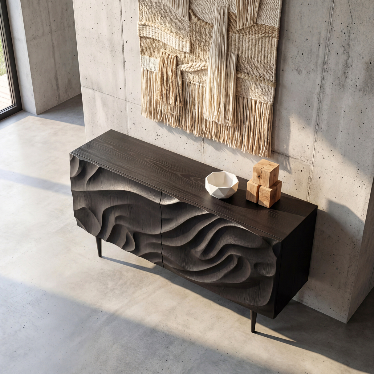Sculpted Black Wood Sideboard Cabinet with Carved Wave Front for Modern Living and Dining Rooms