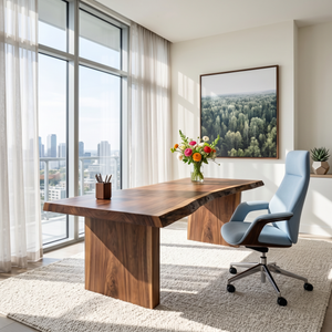 Solid Wood Executive Desk with Live Edge Top and Block Pedestal Legs