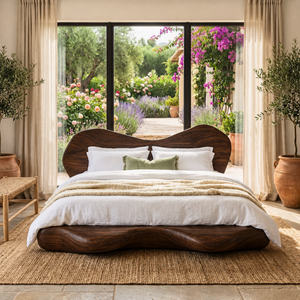 Organic Solid Wood Bed with Sculptural Curved Headboard and Platform Base