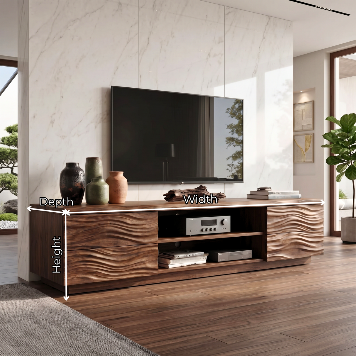 Solid Wood TV Console with Wave Carved Doors and Open Media Shelves