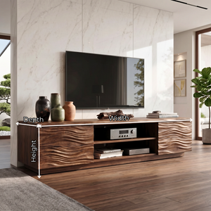 Solid Wood TV Console with Wave Carved Doors and Open Media Shelves