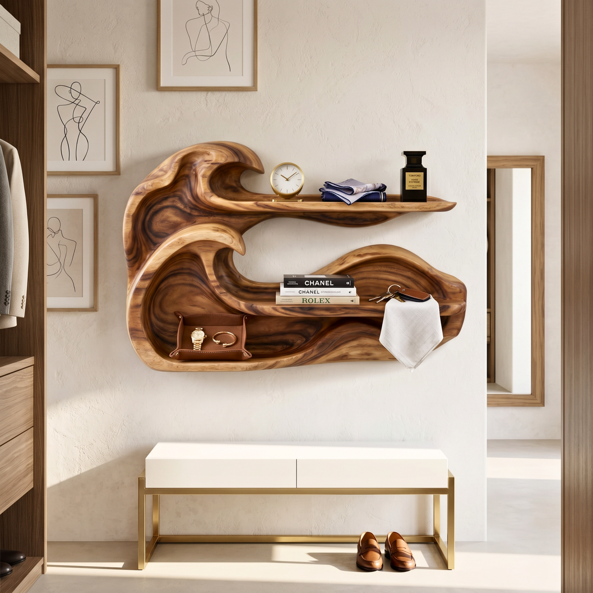 Double Wave Wood Wall Shelf for Vanity and Entryway Storage