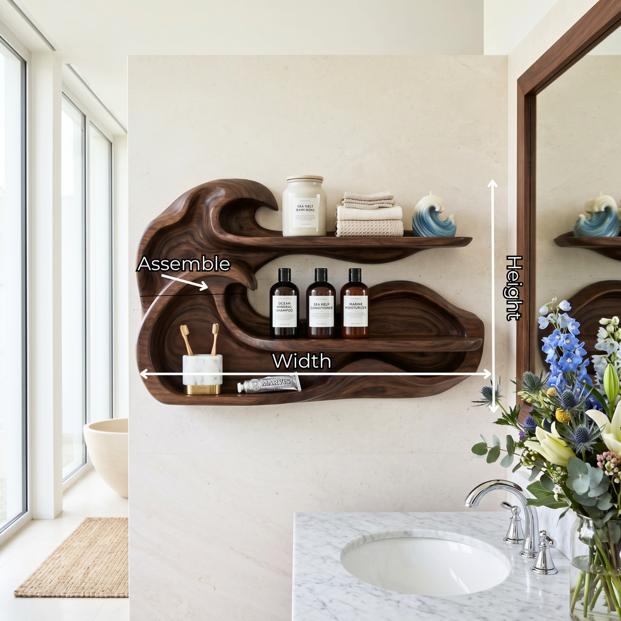 Double Wave Wood Wall Shelf for Vanity and Entryway Storage