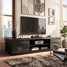 Solid Wood TV Console with Wave Carved Doors and Open Media Shelves