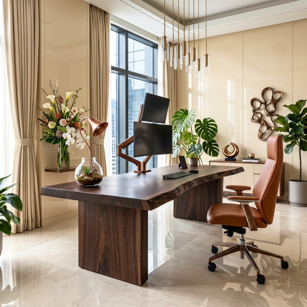 Solid Wood Executive Desk with Live Edge Top and Block Pedestal Legs