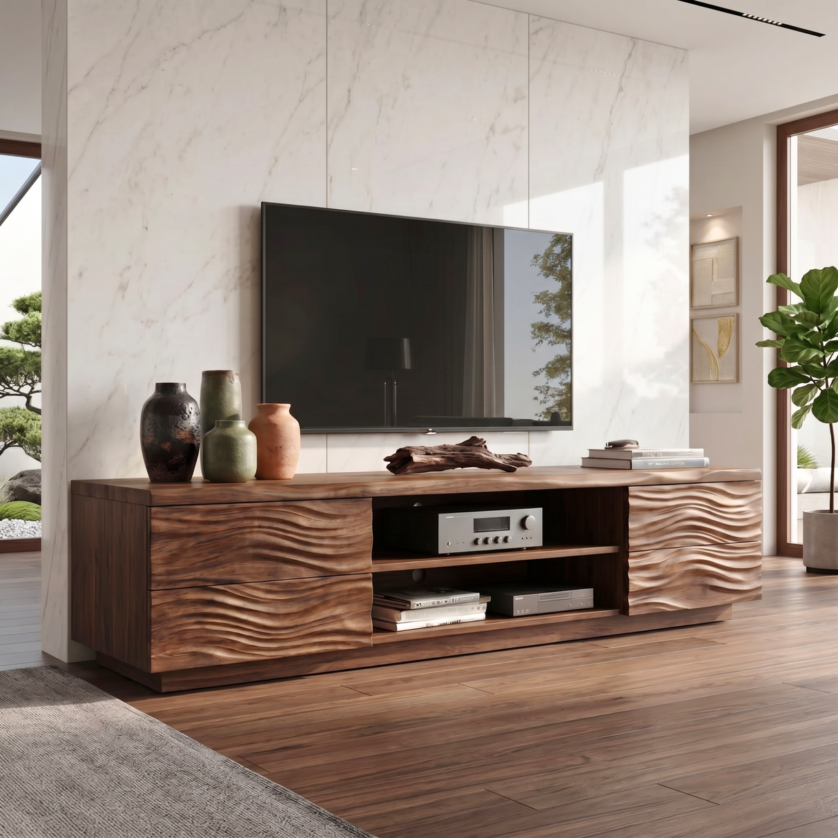 Solid Wood TV Console with Wave Carved Doors and Open Media Shelves