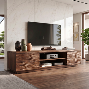 Solid Wood TV Console with Wave Carved Doors and Open Media Shelves