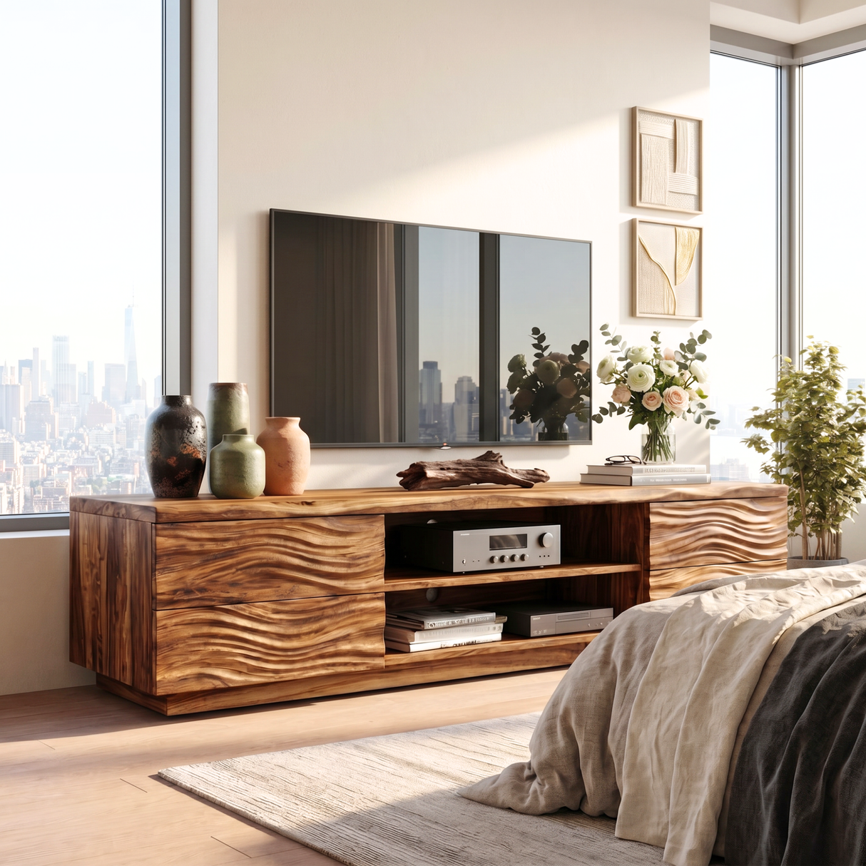 Solid Wood TV Console with Wave Carved Doors and Open Media Shelves