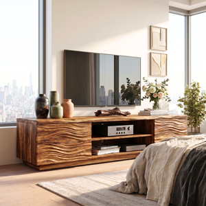 Solid Wood TV Console with Wave Carved Doors and Open Media Shelves