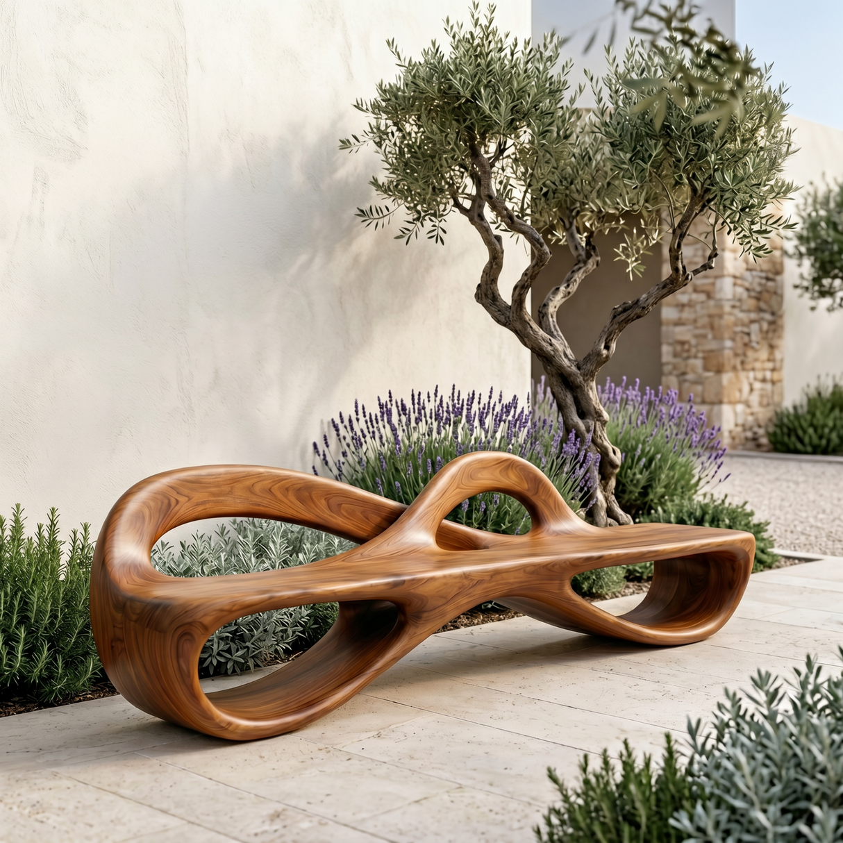 Solid Wood Garden Bench with Infinity Loop Sculptural Frame
