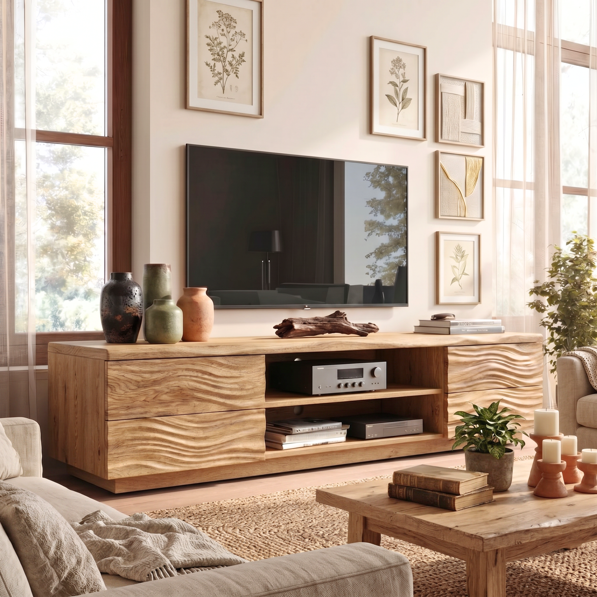 Solid Wood TV Console with Wave Carved Doors and Open Media Shelves