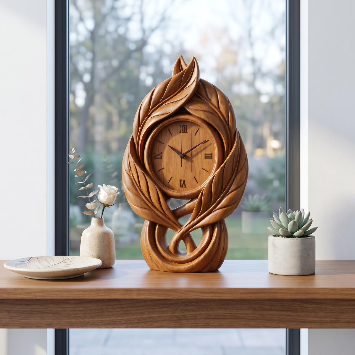Solid Wood Table Clock with Leaf-Inspired Sculptural Frame