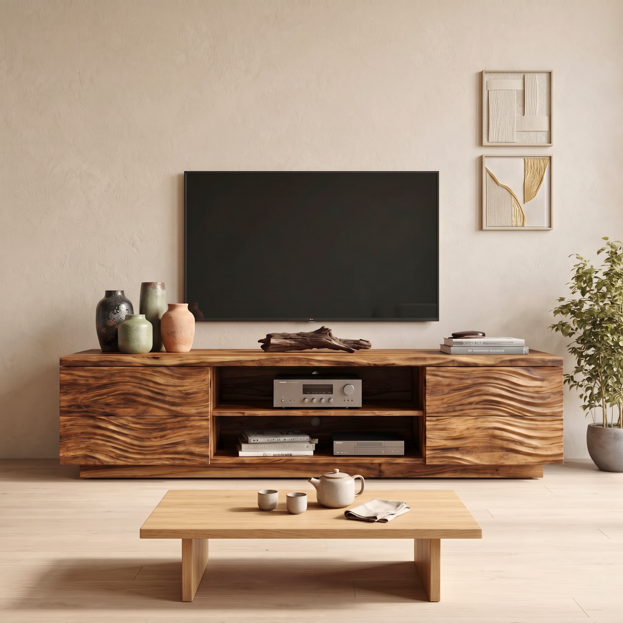 Solid Wood TV Console with Wave Carved Doors and Open Media Shelves