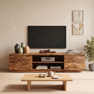 Solid Wood TV Console with Wave Carved Doors and Open Media Shelves