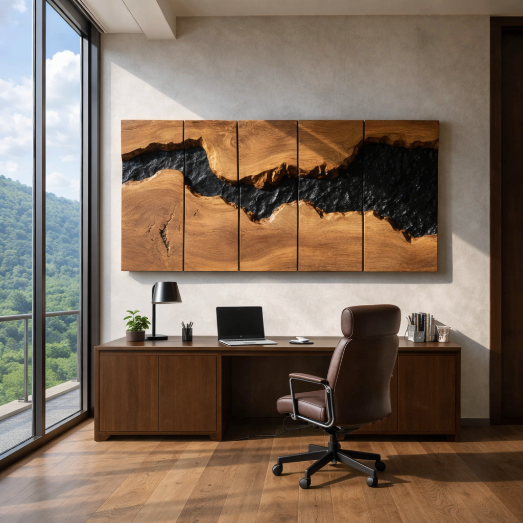 Large Solid Wood River Horizon Panel Wall Sculpture for Modern Living Rooms