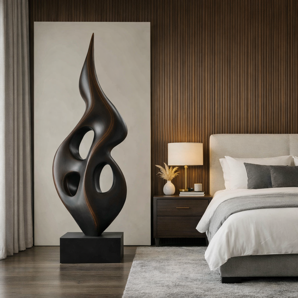 Tall Openwork Solid Wood Flame Sculpture with Plinth for Modern Living Rooms