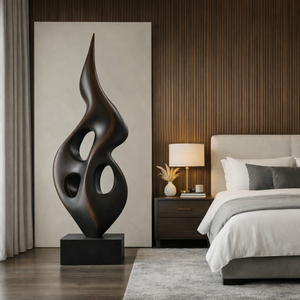 Tall Openwork Solid Wood Flame Sculpture with Plinth for Modern Living Rooms