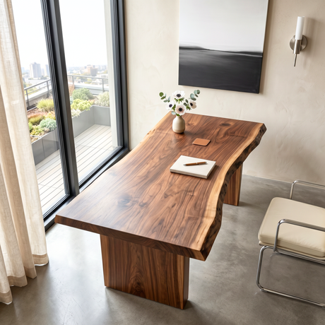 Solid Wood Executive Desk with Live Edge Top and Block Pedestal Legs