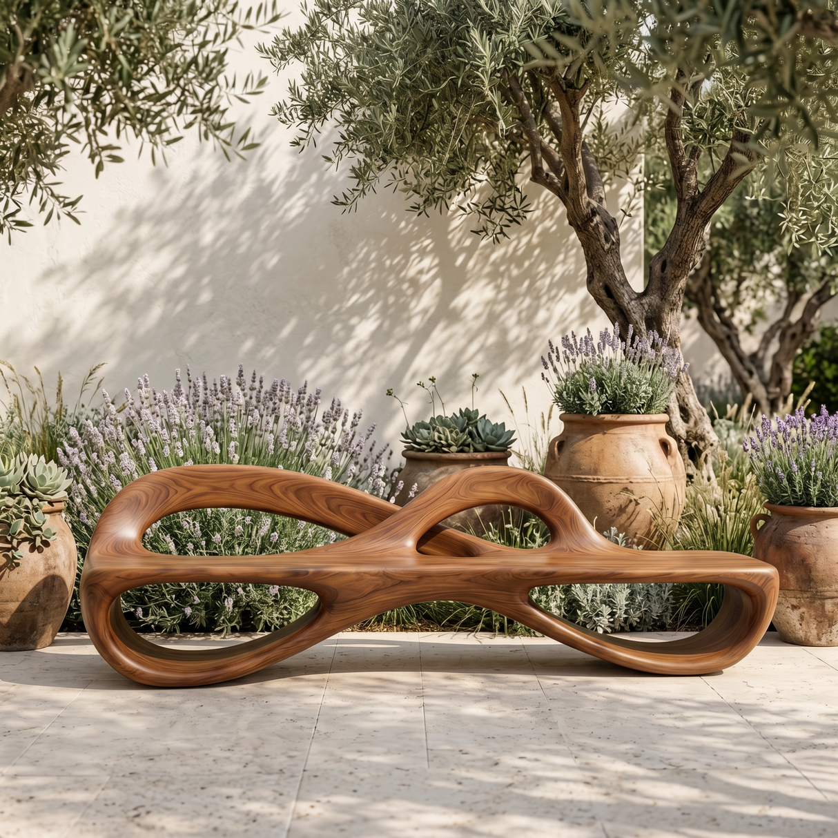 Solid Wood Garden Bench with Infinity Loop Sculptural Frame