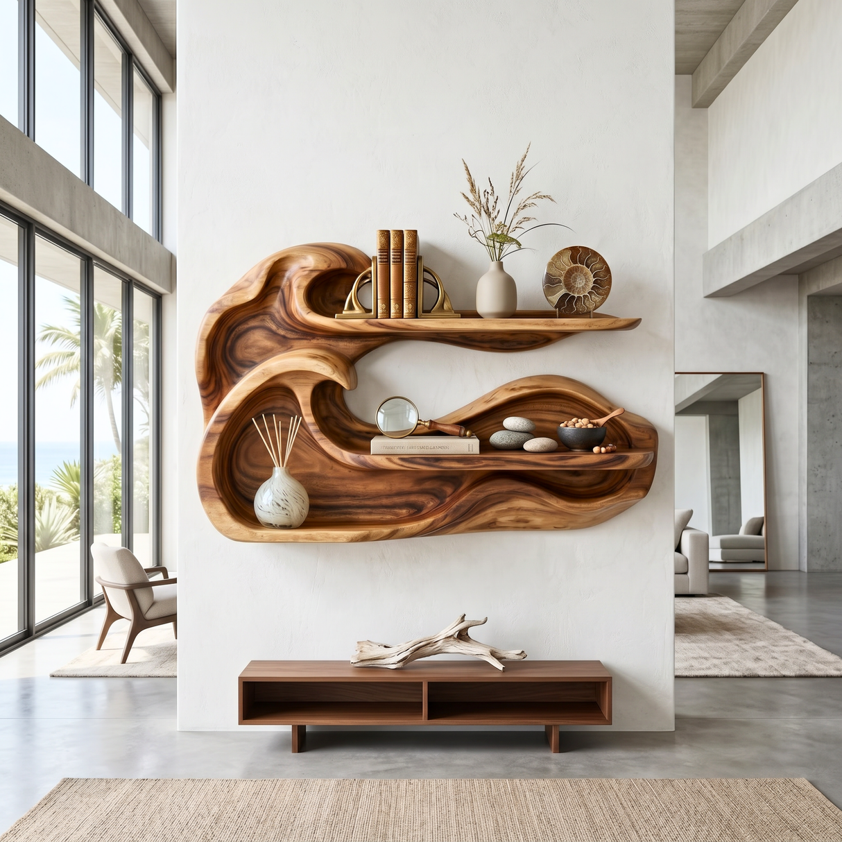 Double Wave Wood Wall Shelf for Vanity and Entryway Storage