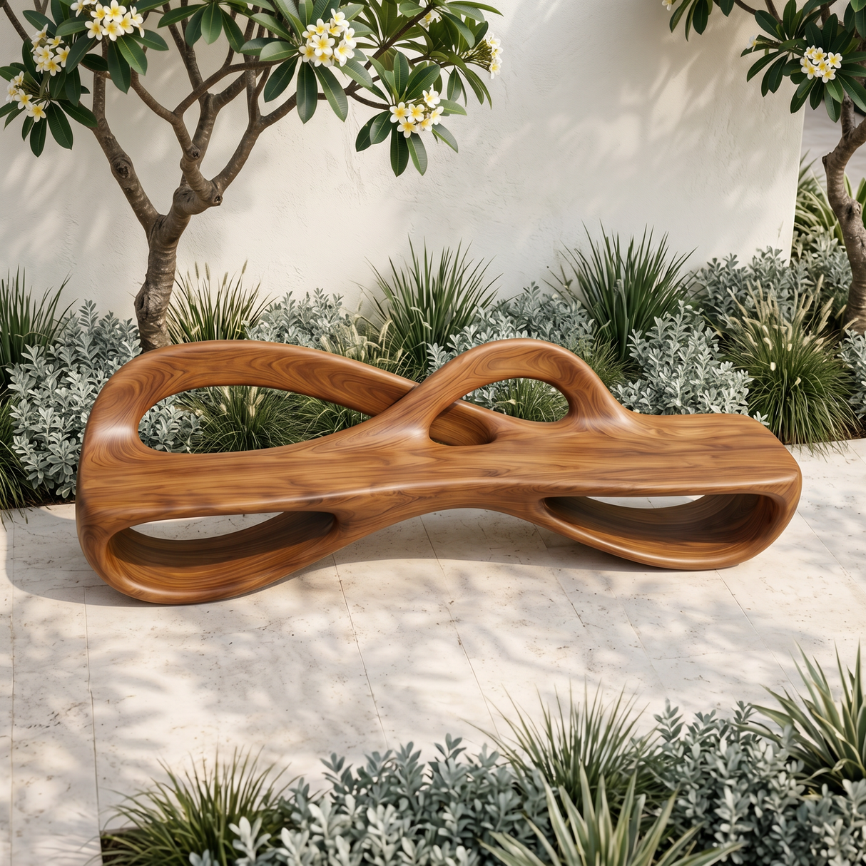 Solid Wood Garden Bench with Infinity Loop Sculptural Frame