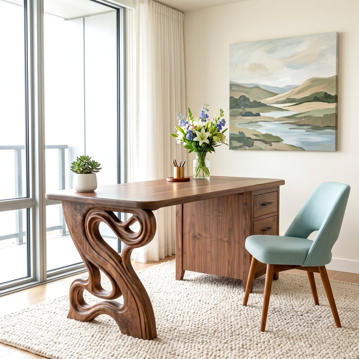 Organic Solid Wood Desk with Sculptural Loop Leg and Drawer Storage