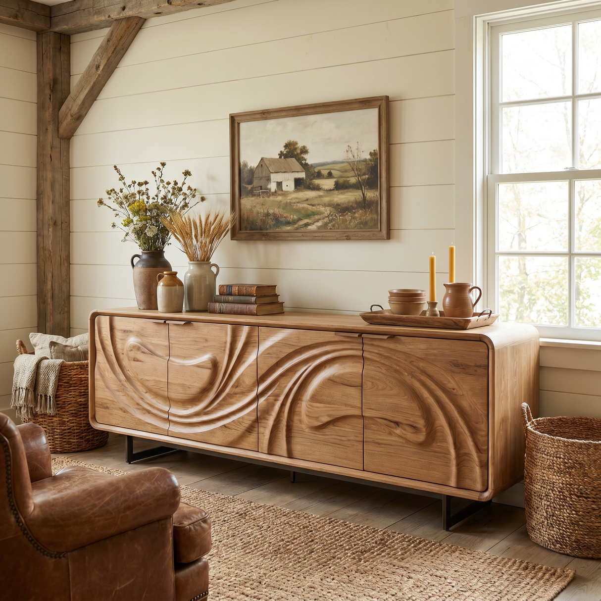 Handcrafted Solid Wood Media Cabinet with Fluid Carved Front