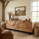 Handcrafted Solid Wood Media Cabinet with Fluid Carved Front