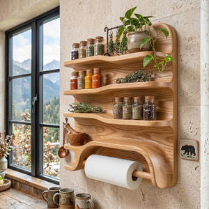 Handcrafted Solid Wood Spice Rack Shelf with Organic Edges and Paper Towel Holder