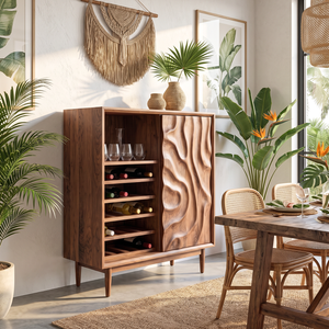 Wine Cabinet Solid Wood with Carved Relief Door and Bottle Shelves for Dining Room