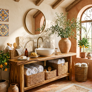 Rustic Solid Wood Bathroom Vanity with Open Shelf Storage