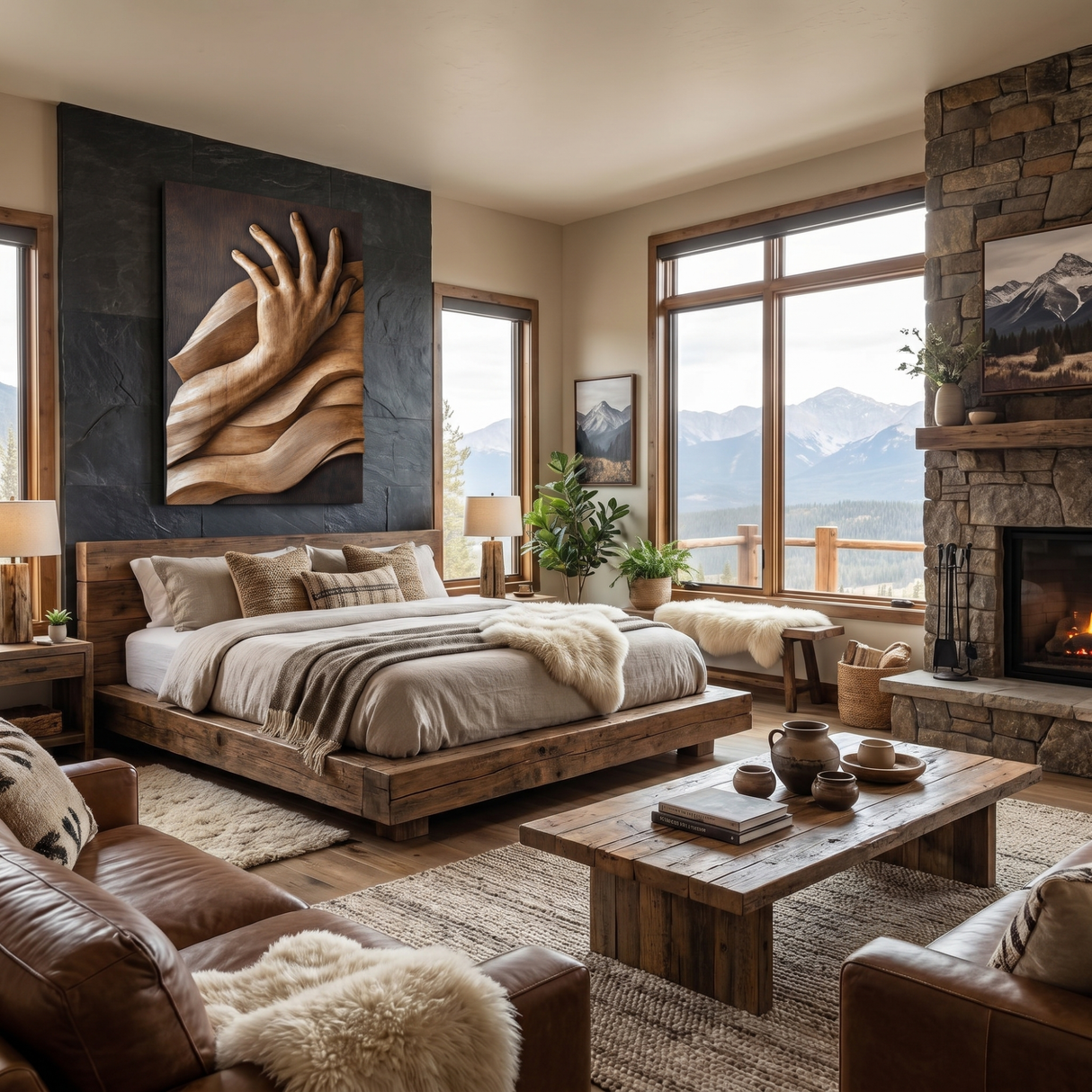 Hand-Carved Solid Wood Wall Sculpture with Reaching Hand Relief and Flowing Wave Form