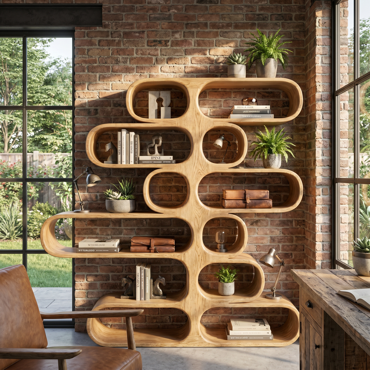 Handcrafted Solid Wood Organic Bookshelf with Rounded Open Display Shelves