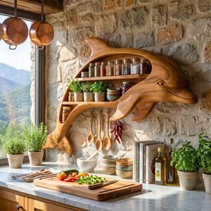 Handcrafted Dolphin-Shaped Wood Wall Spice Rack with Two Open Shelves for Kitchen
