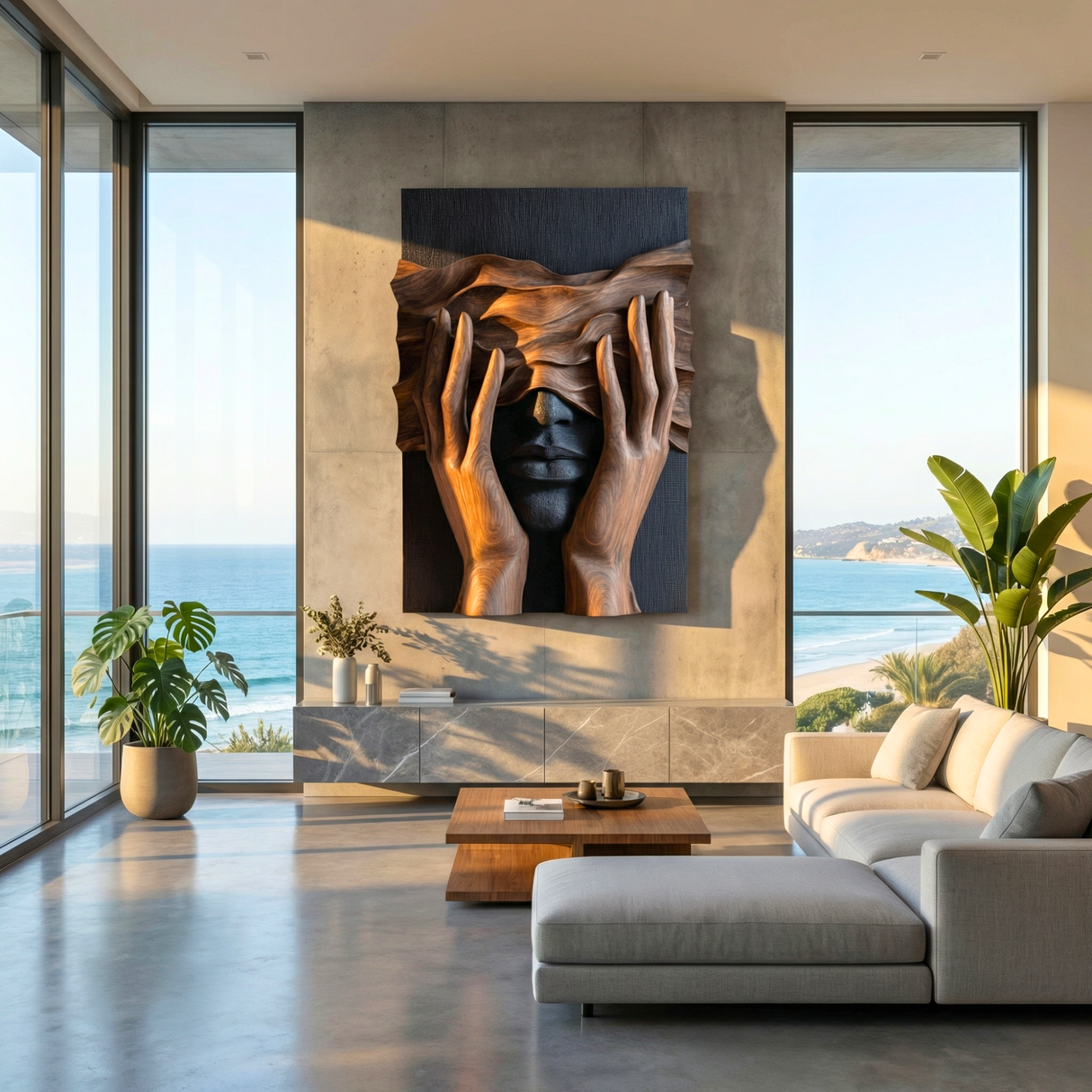 Handcrafted Solid Wood Wall Art Panel with Surreal Portrait and Sculptural Hands Relief