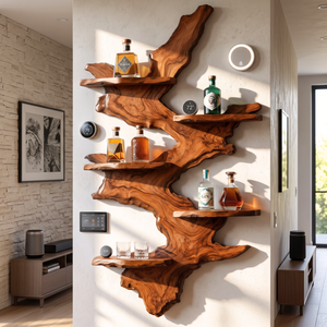 Wall Mounted Wine Rack Solid Wood with Sculptural Live Edge Slab and Floating Shelves