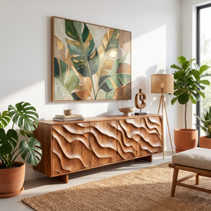 Sideboard Solid Wood with Sculptural Layered Wave Doors