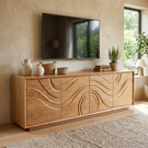 TV Console Sideboard Solid Wood with Wave Carved Cabinet Storage