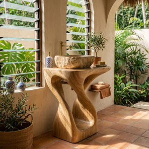 Organic Twisted Solid Wood Pedestal Sink Vanity with Sculptural Flow Form