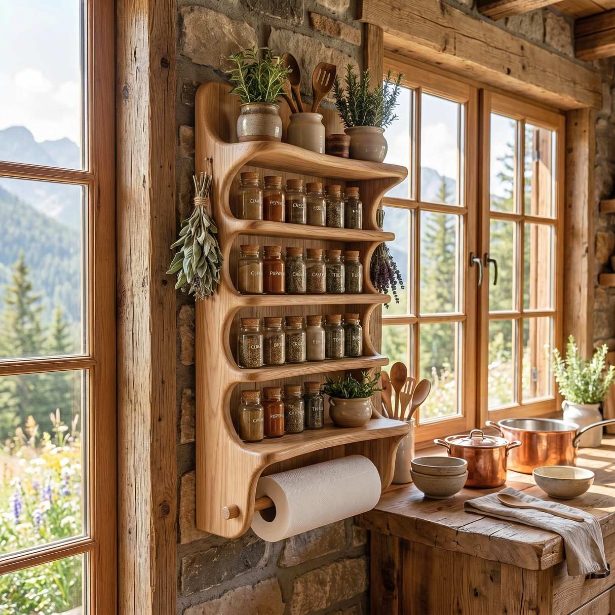 Solid Wood Wall Mounted Spice Organizer with Curved Shelves and Paper Towel Bar