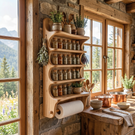 Solid Wood Wall Mounted Spice Organizer with Curved Shelves and Paper Towel Bar