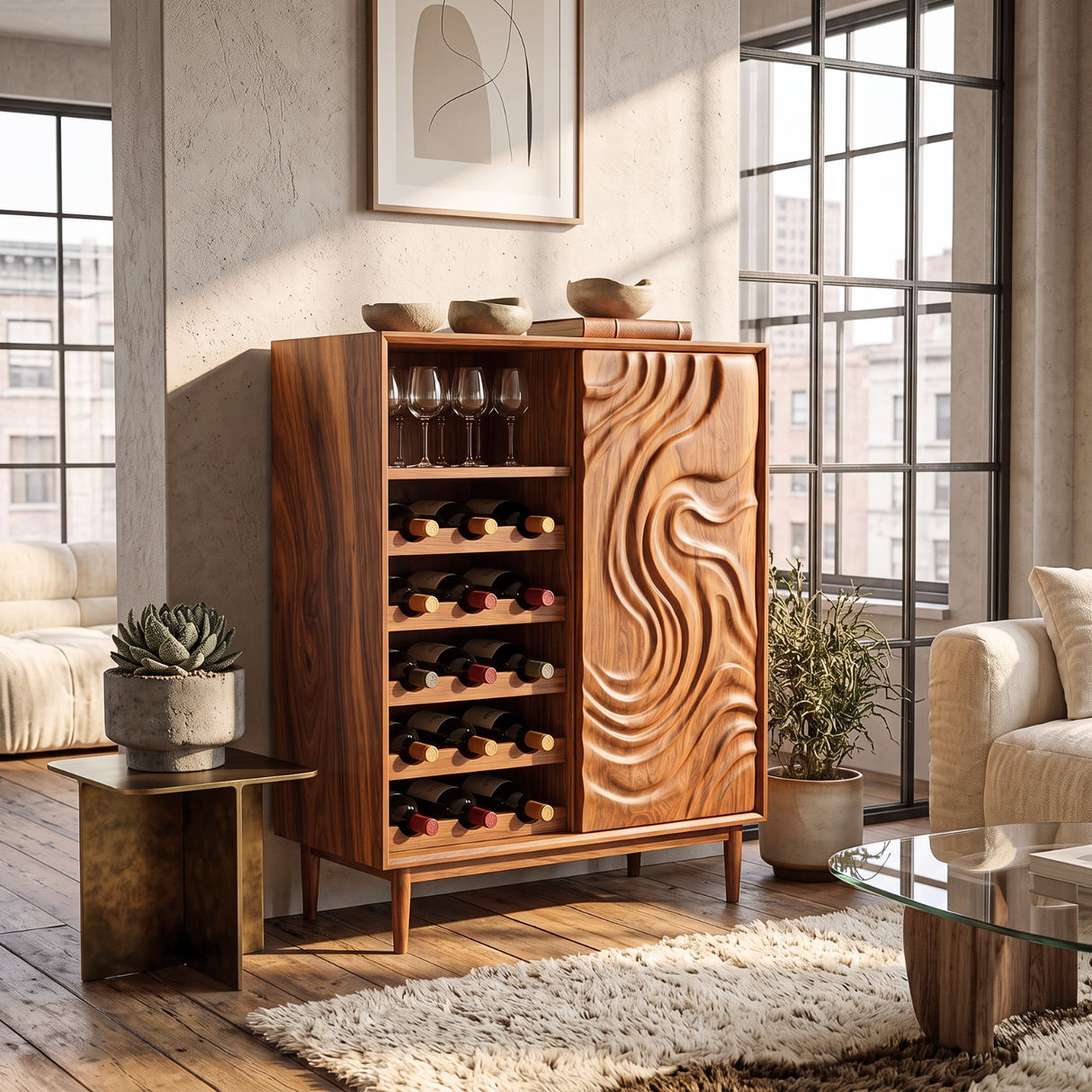 Wine Cabinet Solid Wood with Carved Wave Door and Bottle Storage for Home Bar
